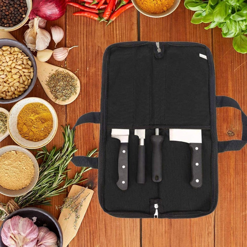 QEES Knife Roll,Heavy Duty Knife Bag,Waxed Canvas knife Case with 4 Slots for Knives & Kitchen Tools,Chef Knife Bag with Handle.Portable Knife Roll Bag for Stroage Home Traveling Camping.Case Knives Pouch - Image 5